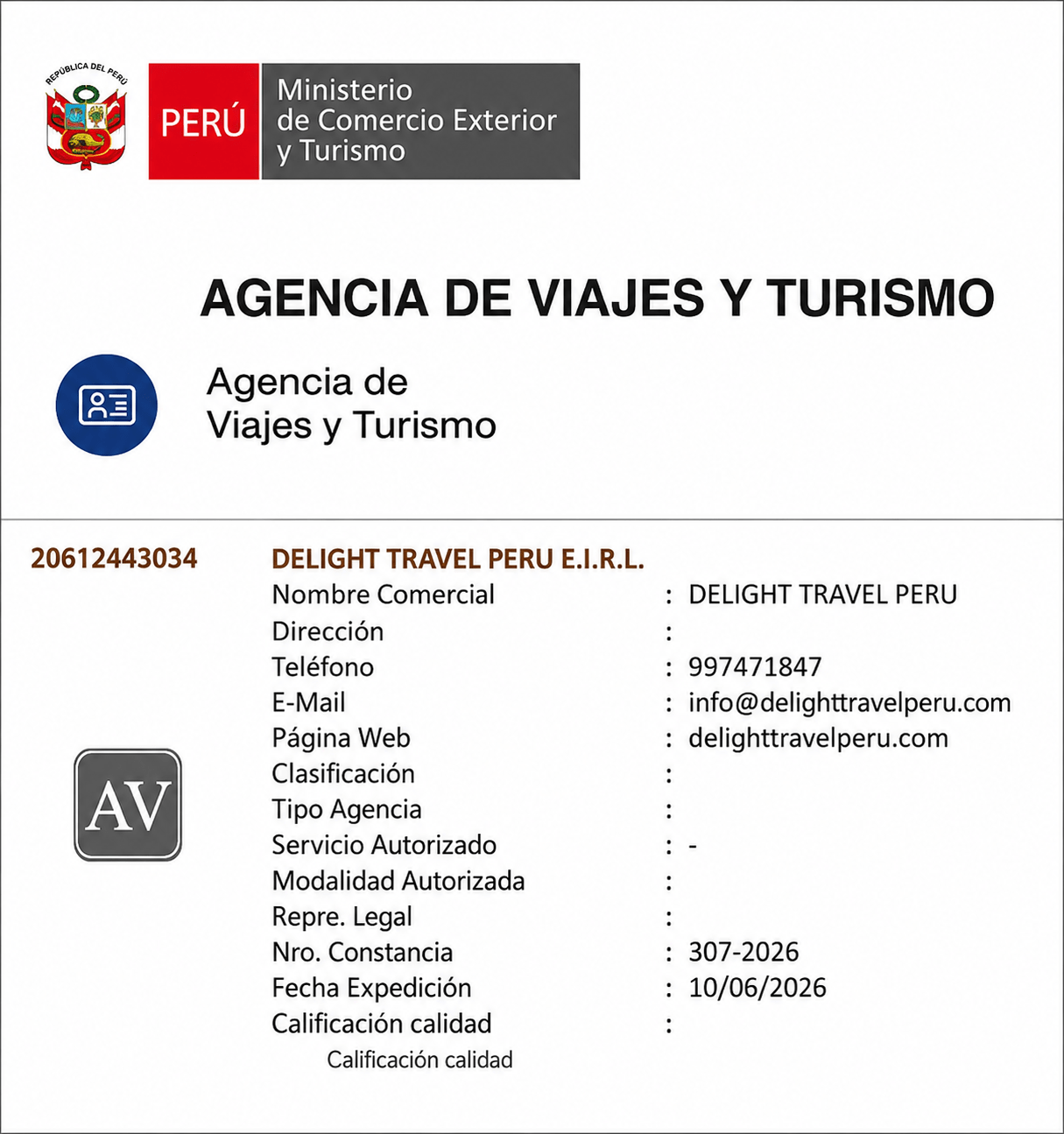 DELIGHT TRAVEL PERU EIRL MINCETUR GERCERTUR