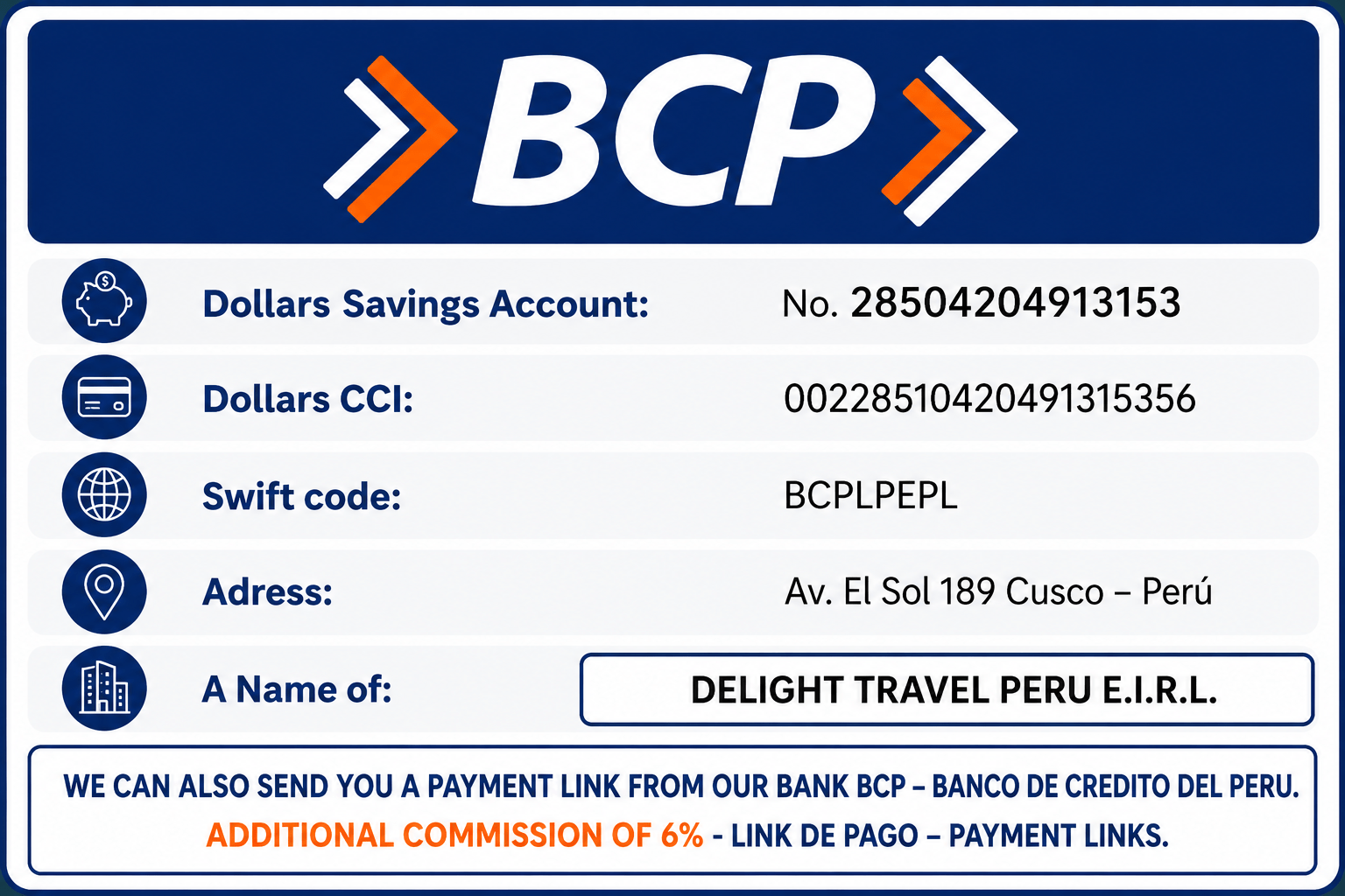 BANK ACCOUNT DELIGHT TRAVEL PERU EIRL